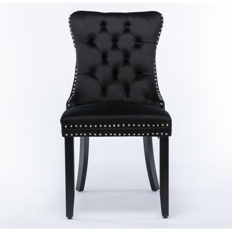 Ensemble de 2 chaises salle à manger modernes, haut de gamme, rembourrage velours noir, piètement bois massif, clous ornementaux
