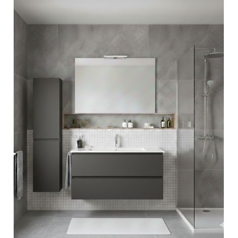 Badmöbel Set LOKI Vormontiert 2 Schubladen mit Füßen, Waschbecken und Spiegel Graphit 100x40 cm mit Hochschrank