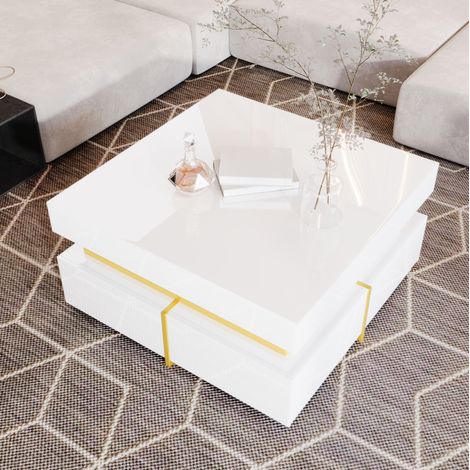 Glänzender Couchtisch mit 2 Schubladen, 70 x 70 x 35,5 cm, weiß mit goldenen Akzenten HAVRYA (1/5)