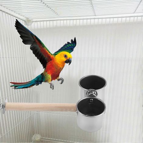 Abreuvoirs et mangeoires en acier inoxydable pour oiseaux avec clip et support pour cage à perroquet (grand modèle) (1/2)