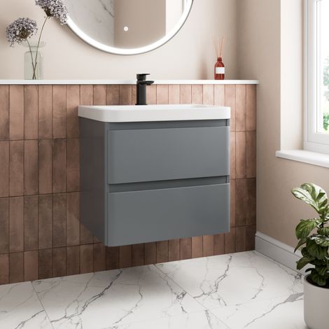 Grey Bathroom Furniture Vanity Unit Basin Storage Cabinet Cupboard 600mm Wall Hung (1/5)