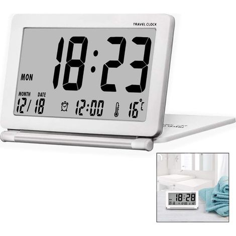 Petit Réveil de Voyage,Horloge Digital Silencieux Réveil Electronique Grand Écran LCD avec Date Température Affichage (1/5)