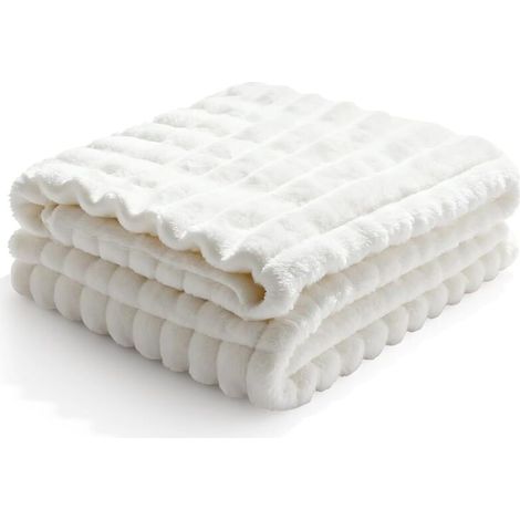 Bardusch-Plaid polaire blanc 150×200 cm, texture côtelée, moelleux, décoratif, pour salon, lit ou canapé (1/5)