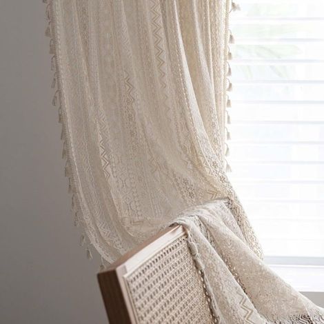 Rideaux bohèmes en dentelle crochetée avec pompons, panneaux de rideaux pour salon et chambre (1/4)