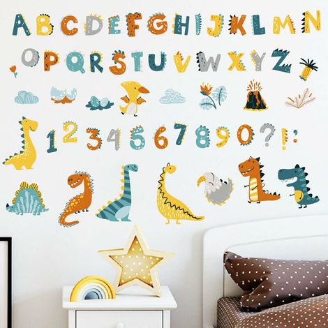 Un lot de Stickers muraux dinosaures lettres chiffres- Decoration murale pour salon chambre bureau cuisine - Autocollant mural (1/4)