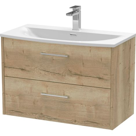 Winshill Contemporary 2 Drawer Wall Hung Vanity Unit with Curved Basin, Light Oak, 800mm (1/4)