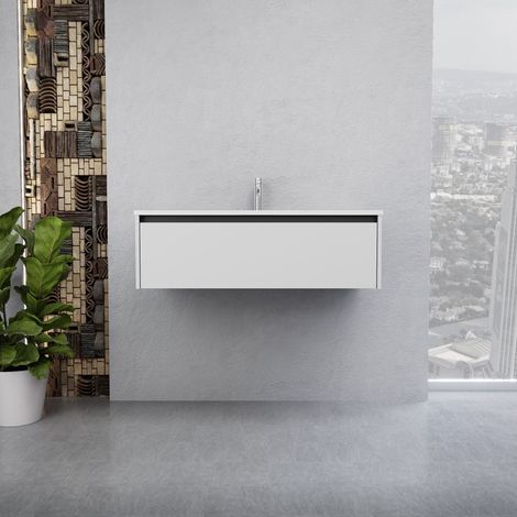 Inda - Badezimmerschrank 1 Schublade B.100 mit glänzendem Waschbecken / Weiß glänzend - Smeraldo