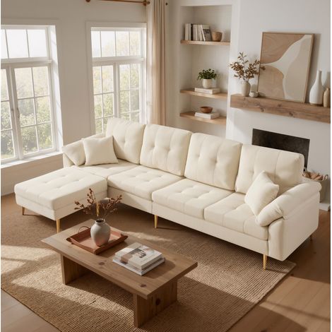 Sofá de pana de 4 plazas 250 cm con puf flexible color crema OKWISH (1/5)