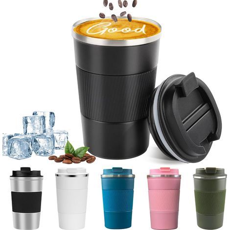 Mug de voyage isotherme pour café, anti-fuite et anti-déversement, tasse à café portable en acier inoxydable pour le camping avec couvercle réutilisable, convient aux boissons chaudes et froides (noir (1/5)