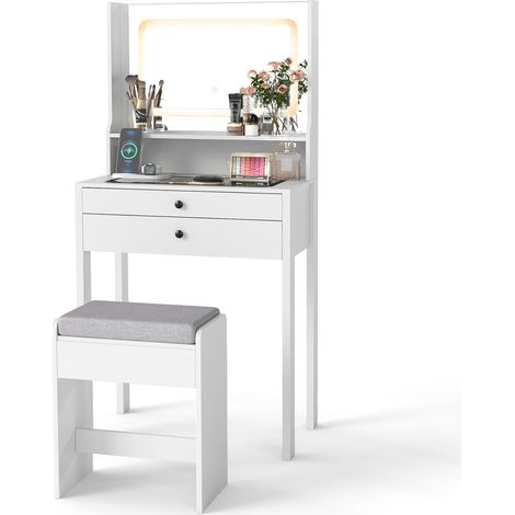COSTWAY Small Makeup Table Vanity Desk with Mirror & Lights-White (1/5)