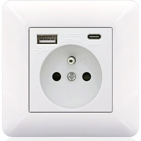 Panneau de prises Type-C et USB 16A – 2 prises – 1 port USB – 1 port Type-C – Installation horizontale ou verticale – Design moderne blanc (1/5)