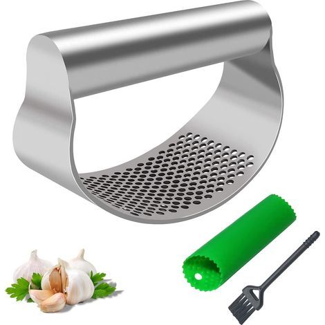 Trituradora de ajos de acero inoxidable apto para uso alimentario, picadora, prensa de ajos, con rodillo de tubo de silicona y cepillo de limpieza. (1/5)