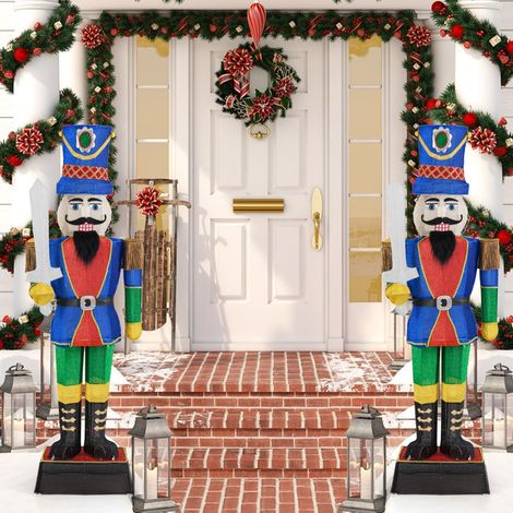 Lot de 2 Soldats Casse-Noisette de 184 cm avec Chapeau et Epée Décoration de Noël 3D avec 110 Lumières LED Blanc Chaud Figurine Pailletée (1/3)