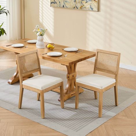 Sillas de comedor de madera y ratán beige, set de 2, respaldo transpirable, estilo rústico,56×48×86.5cm (1/5)