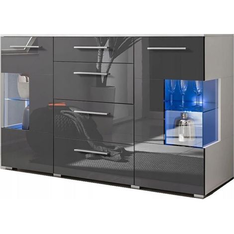 Dusine – Bahut buffet profond laqué gris LED 150x97x45 cm – 2 portes vitrées et 4 tiroirs – Finition brillante et mat – Production européenne (1/4)