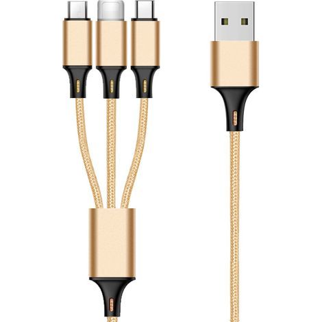 Cable USB múltiple, cargador USB 3 en 1 de nailon trenzado con carga rápida - 1,2 m, oro (1/5)