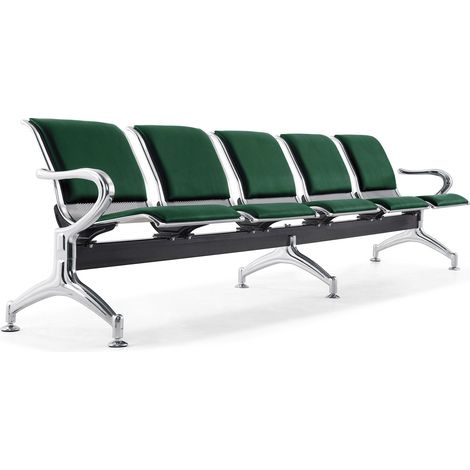 Panca per Sala Attesa 5 Posti da Ufficio con Cuscino in Acciaio e Similpelle Argento/Verde bosco (1/4)