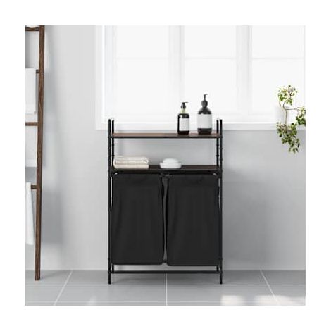Panier à linge à double compartiment en chêne brun avec étagères (1/3)