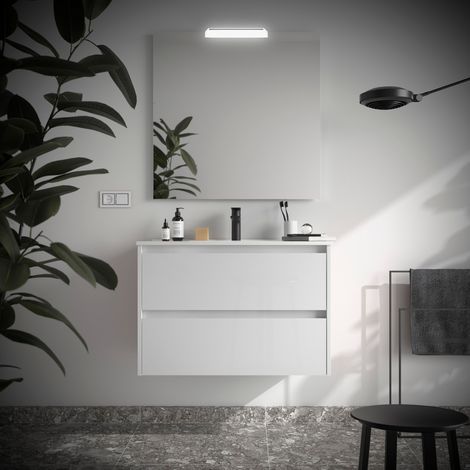 Badezimmermöbel NOJA 800 2 Schubladen WHITE GLOSS + Waschtisch + Spiegel