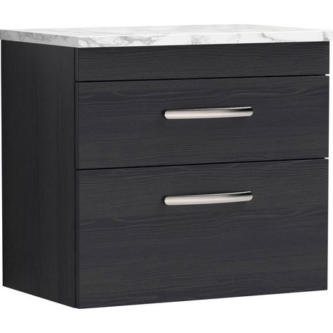Nuie Athena Wall Hung 2-Drawer Vanity Unit with Carrera Marble Worktop 600mm Wide - Charcoal Black Woodgrain (1/4)