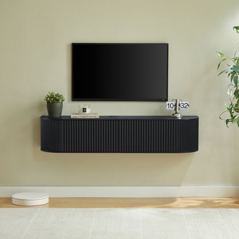 Mobile TV a parete 140x32x30 cm con gestione cavi, ampio vano contenitore, in truciolato e MDF nero (1/5)