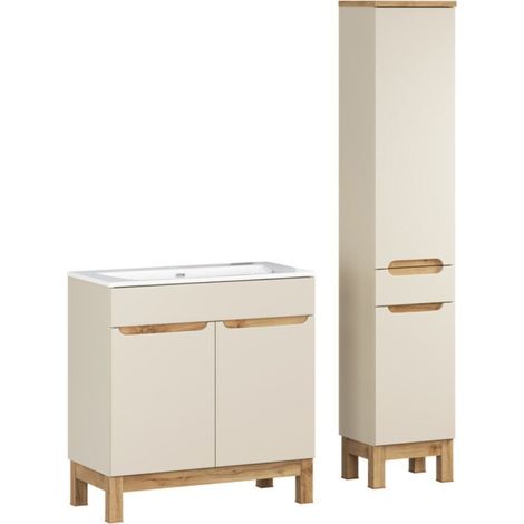 Set da bagno ERMANO cachemire e finitura quercia 115cm: mobile sottolavabo + lavabo incassato + colonna