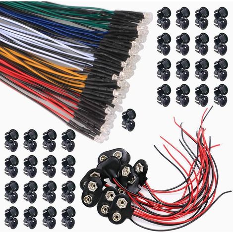 50PCS 3mm Diode électroluminescente, Diode Ampoule LED Câblé, Diode LED Pré-câblée Lumière + 50PCS Plastique 3mm LED Lumiere Panneau de Support de Montage + 10PCS Type T Connecteur Pile 9V (1/5)