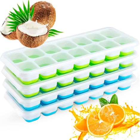LOT DE 4 BACS A GLACONS  Avec couvercle  Silicone facile à démouler   Bleu / Vert  56 moules glaçons  Whisky, cocktail, glaces, congélateur, boissons  Bébé (1/5)