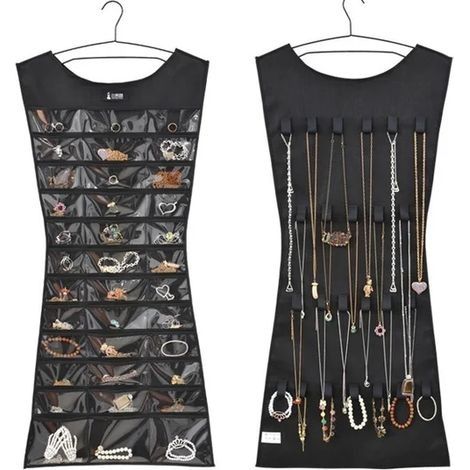 Sac de rangement suspendu pour bijoux, organisateur de bijoux, porte-bijoux, collier, boucles d'oreilles, bague, boîte à bijoux (sans cintre)(noir) (1/5)