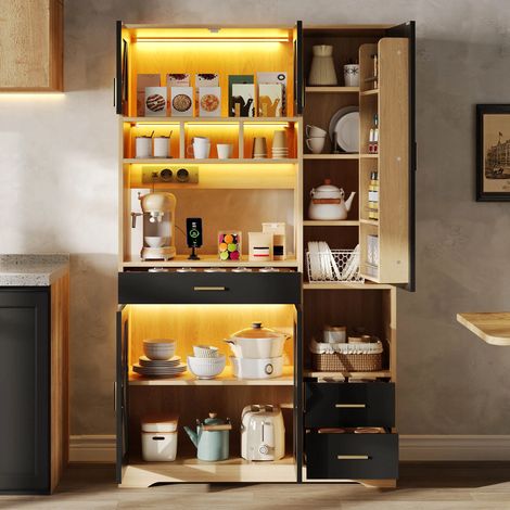Küchenschrank im Scheunenstil, hoher Aufbewahrungs- und Vitrinenschrank mit verstellbaren Einlegeböden, Schublade, farbwechselnder LED-Beleuchtung und Steckdosen, 185 × 105 × 40 cm,natürlich