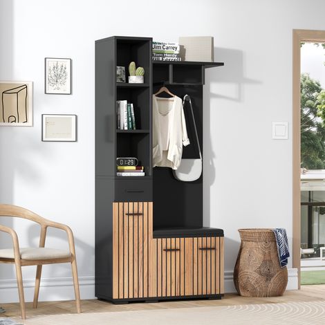 Garderobe aus Spanplatte in Schwarz und Naturholz mit 2 Haken, 80 x 35 x 175 cm, Flurmöbel mit Schuhbank und Stauraum (1/5)