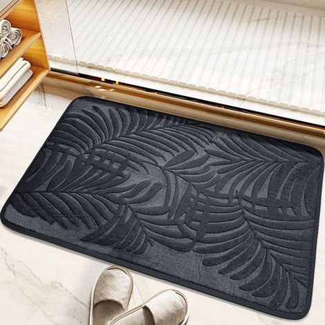 Tapis de bain antidérapant 40 x 60 cm, épais et absorbant, en mousse à mémoire de forme, motif feuilles - Gris foncé (1/5)