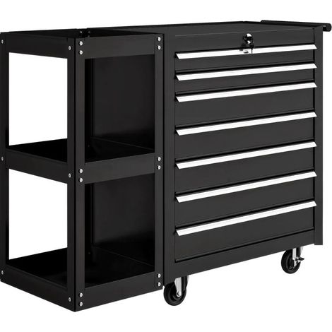 Chariot d'atelier/chariot à outils avec 7 tiroirs, étagère latérale amovible, 4 roulettes avec freins, 96 x 33,5 x 75 cm, noir