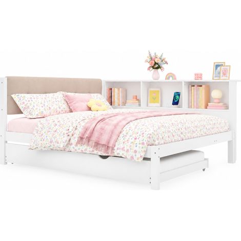 Lit gigogne 140x200 cm avec lit d’appoint 90x190, étagères latérales, LED dimmable et port USB, structure en bois blanc pour chambre d’enfant – CHICFURN (1/5)