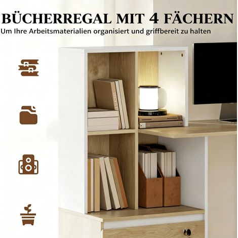 Bureau ordinateur 126x50x109 cm en particules blanc et chêne, avec rangement, pour bureau – MEUBLIV (1/5)