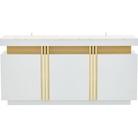 Buffet moderne blanc avec 3 portes, séparateurs réglables et plateau effet marbre 140x38x70 cm (1/5)