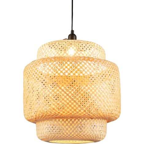 Suspension Bambou, Abat Jour Bambou Rustique Fil 0-90cm E27 40W, Suspension Naturelle Plaque de Plafond Métal, Luminaire Bambou pour Salon, Ø 30 x H 30 cm (1/5)