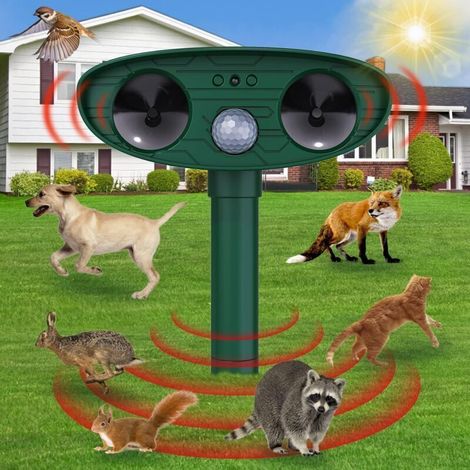 Répulsif à ultrasons pour oiseaux, répulsif solaire pour animaux extérieur avec détecteur de mouvement et alarme lumineuse LED pour taupes, chats, moufettes, rats, écureuils, cerfs, ratons laveurs