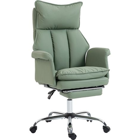 Fauteuil de bureau vert cuir synthétique avec repose-pieds, dossier haut inclinable, roulettes