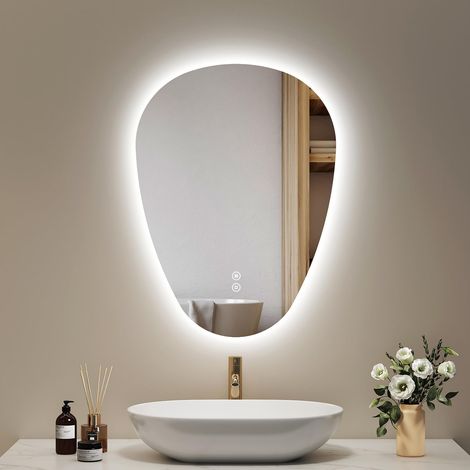 Miroir de Salle de Bain avec éclairage, 70 x 50 cm, Miroir asymétrique avec Tactile, 3 Couleurs de lumière, intensité Variable, Anti-buée, IP44, économe en énergie (1/5)