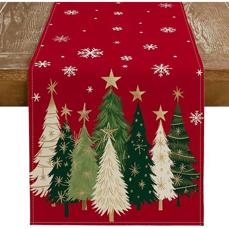 Chemise de table de Noël 13x72 pouces, décorations de table de ferme pour Noël avec sapins et flocons de neige pour les vacances d'hiver, décoration pour cuisine, salle à manger, fêtes en intérieur ou (1/4)