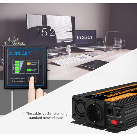 Edecoa – Convertisseur de tension 12V 1000W – Onduleur sinusoïdal pur avec télécommande – 2 ports USB 5V 2.1A – Protection survoltage et surchauffe