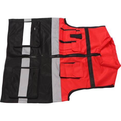 Gilet de sécurité réfléchissant rouge et noir à col rond, multi-poches, pour chantier et transport (1/5)