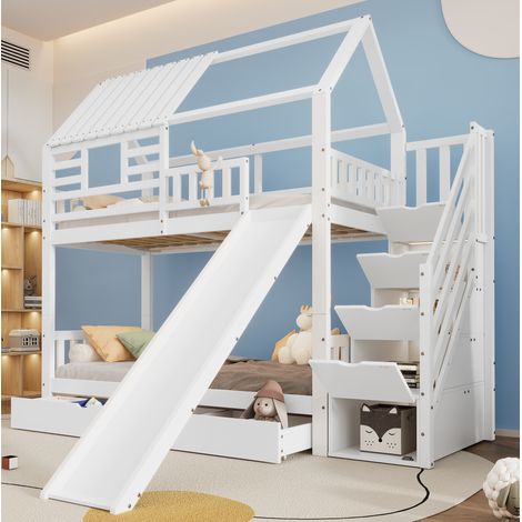 Litera infantil 90x200 cm blanca en pino y MDF con escalera de almacenaje y tobogán (1/5)