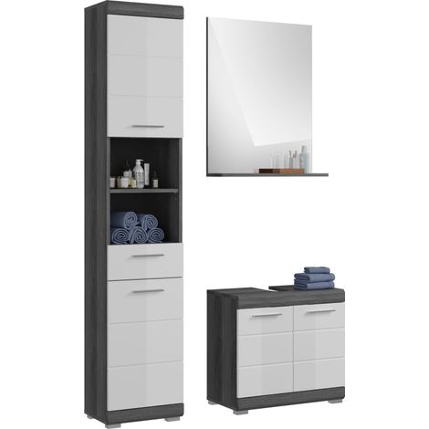 Ensemble salle de bain SCOTT – Waschtischunterschrank, Spiegel und Hochschrank – Dunkelgrau und Weiß (1/5)