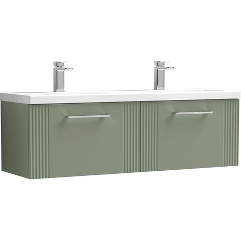 Belvide Partial Fluted 2 Drawer Wall Hung Vanity Unit with Double Ceramic Basin - 1200mm - Satin Green