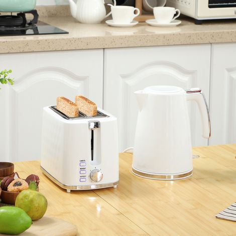 Wasserkocher-Set (1,7 l, 2200 W) mit Thermostat und Doppeltoaster mit 7 Bräunungsstufen, Weiß