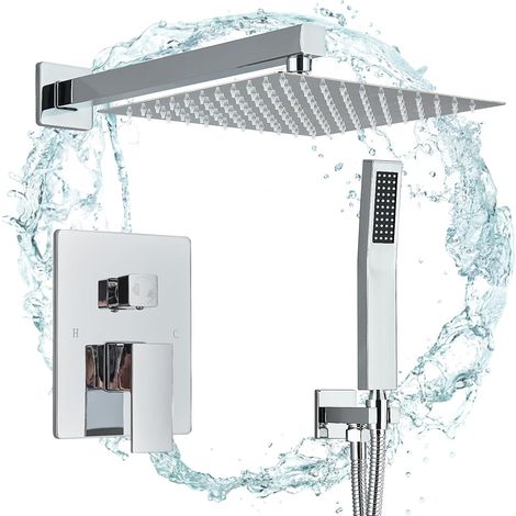Suguword – Robinet de douche encastré 30 x 30 cm – Ultra fin carré – Pommeau en laiton 10" – 2 fonctions – Montage mural – Système de douche avec flexible 1,5 m (1/5)