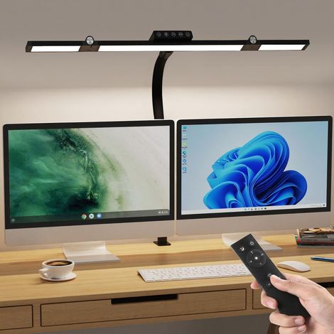 LED-Schreibtischlampe, 24 W, 70 cm, 3-flammige Klemmleuchte, dimmbare Fernbedienung, 5 Farbtemperaturen und Helligkeitsstufen, Timer, 360°-Schwanenhals, Augenschutz, Schwarz [Energieklasse E]