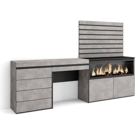 Skraut Home - Tavolo da toeletta, Tavolo da Trucco, stoccaggio, 234x145x35 cm, Con cassetto, Camino elettrico XXL, Cassettiera, Pannelli Decorativi, Stile moderno, Grigio Cemento (1/5)